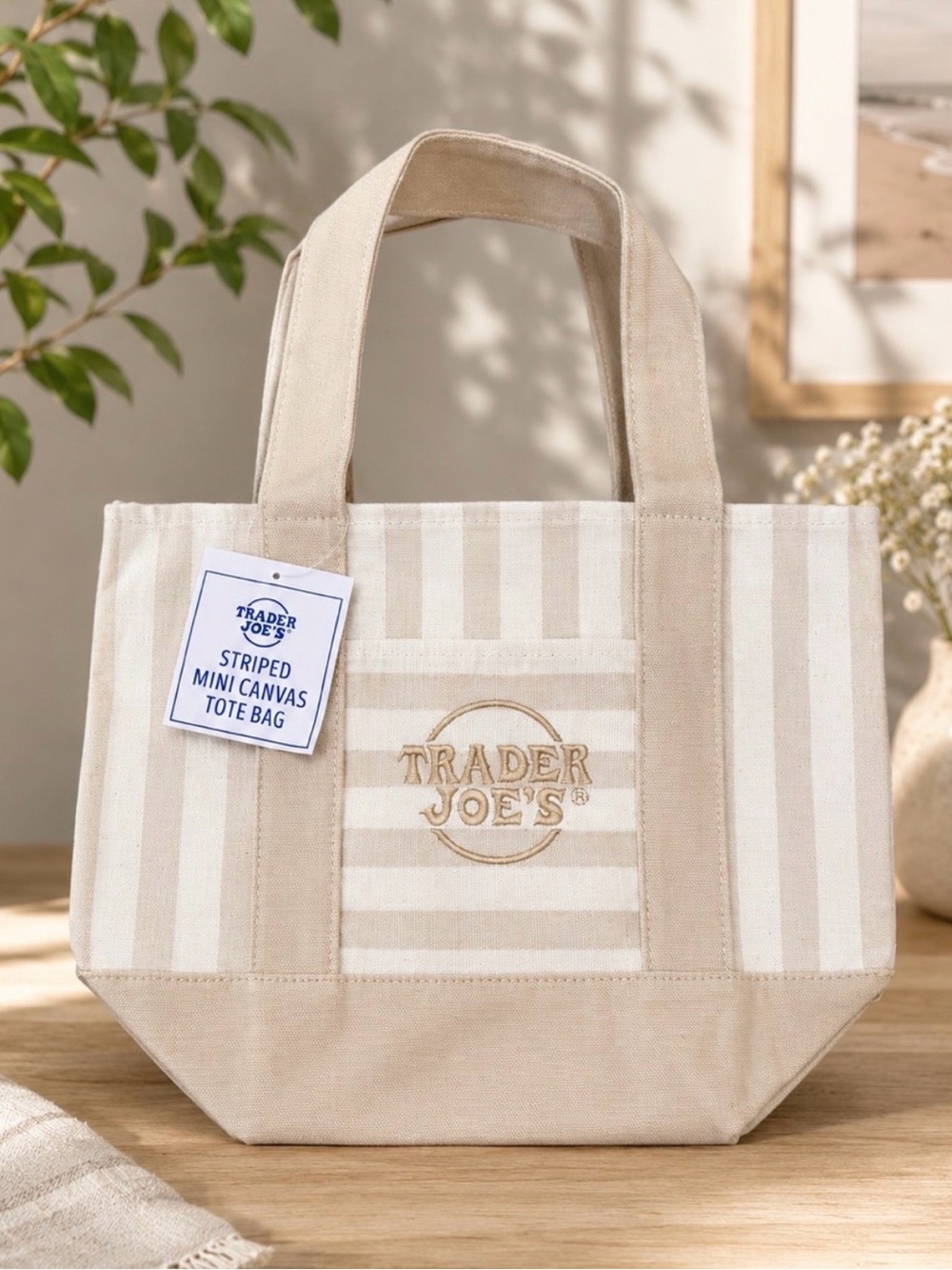 Trader Joe's tan striped canvas mini tote bag